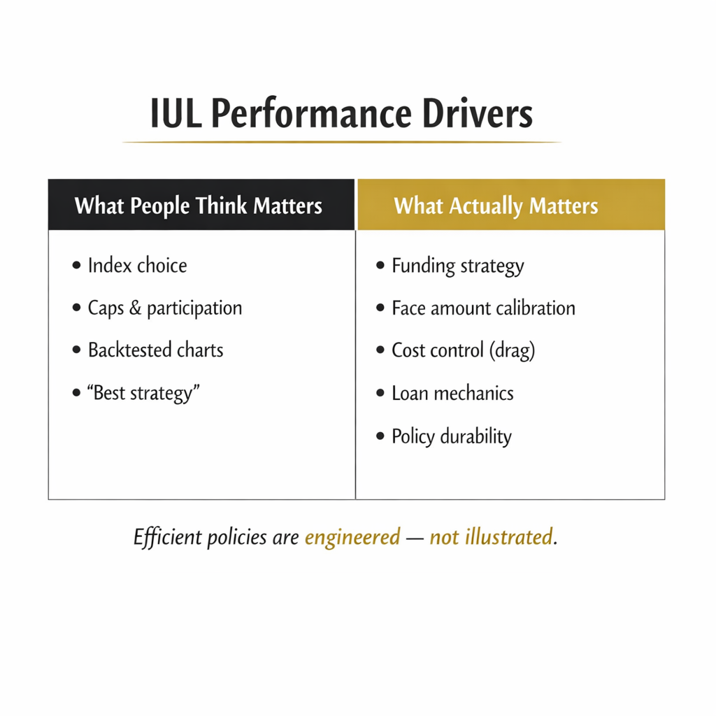 IUL performance drivers chart — what people think matters vs what actually matters