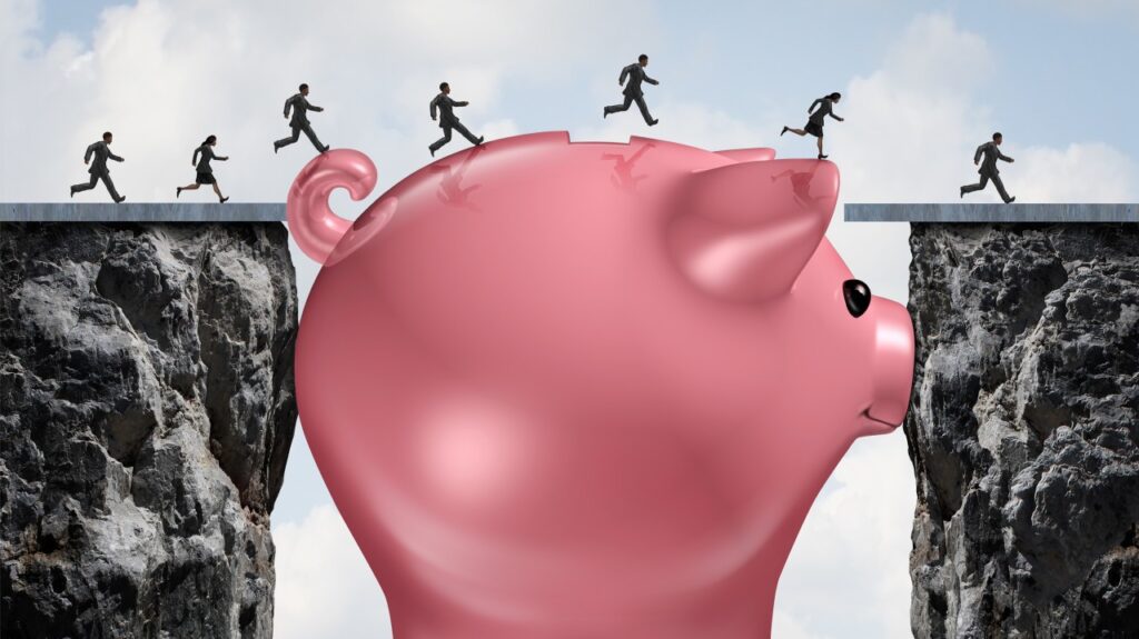 People crossing a piggy bank bridge — the Income Bridge retirement income sequencing strategy. IUL.Solutions Nashville