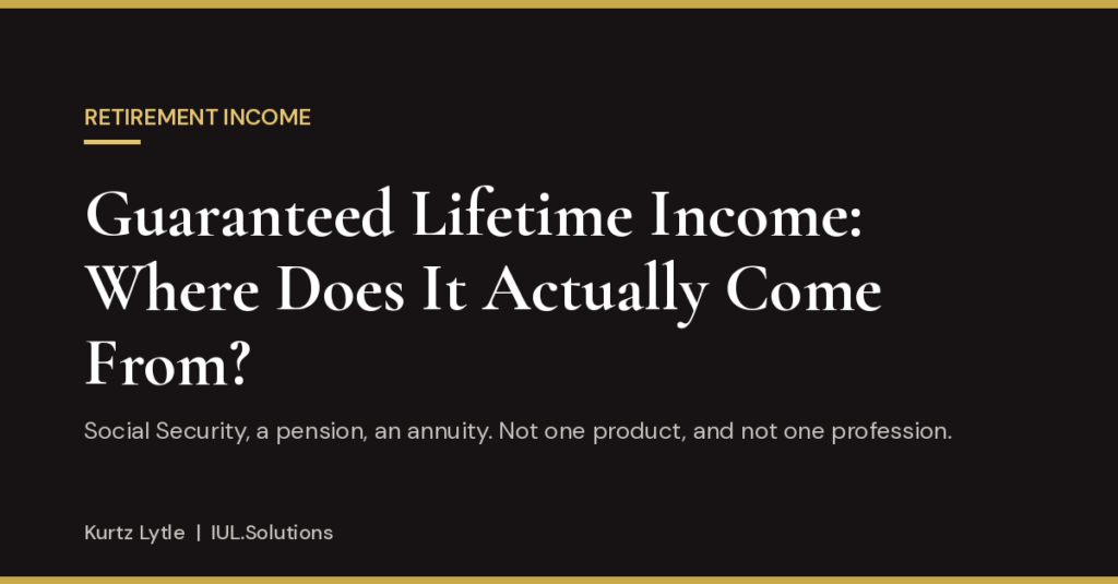 Dark gold-accented graphic reading Retirement Income, Guaranteed Lifetime Income: Where Does It Actually Come From? with the line Social Security, a pension, an annuity, not one product and not one profession, by Kurtz Lytle, IUL.Solutions.