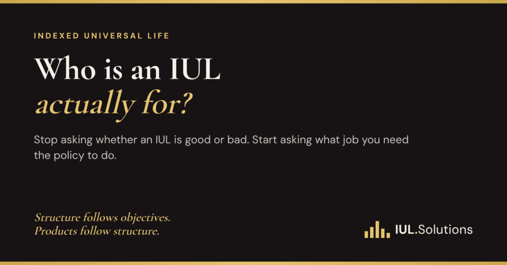IUL.Solutions graphic asking "Who is an IUL actually for?" with the tagline structure follows objectives, products follow structure.