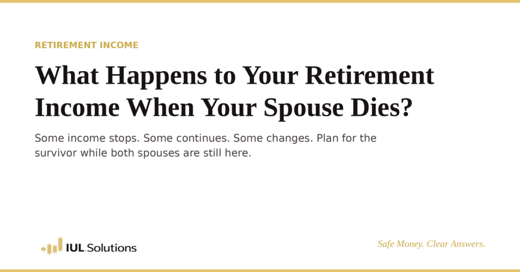 Light IUL.Solutions graphic with the headline "What Happens to Your Retirement Income When Your Spouse Dies?" above the line "Some income stops. Some continues. Some changes. Plan for the survivor while both spouses are still here," with the IUL.Solutions logo and the tagline Safe Money. Clear Answers.