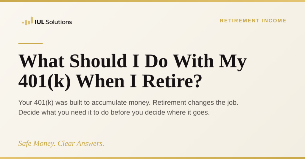IUL.Solutions article graphic titled "What Should I Do With My 401(k) When I Retire?" on a light background with the gold candlestick logo and the tagline Safe Money. Clear Answers.