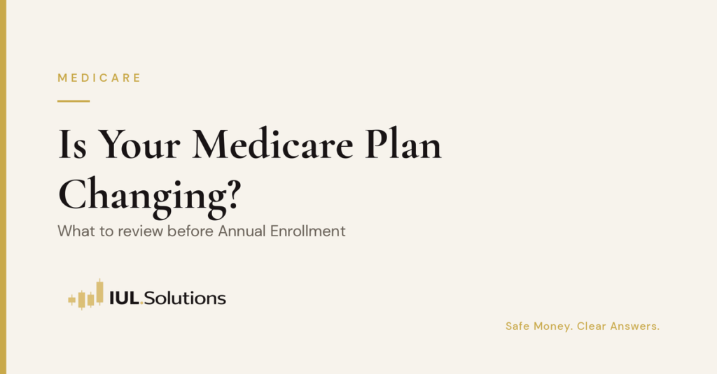 Light-background IUL.Solutions graphic. A gold Medicare label sits above the headline Is Your Medicare Plan Changing? with the subhead What to review before Annual Enrollment, the IUL.Solutions logo, and the tagline Safe Money. Clear Answers.